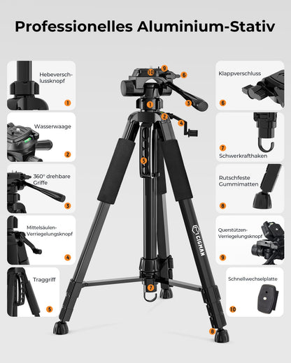 CIGMAN CTP01 Laserstativ, Aluminium-Baustativ 150 cm mit 3-Wege-Kopf