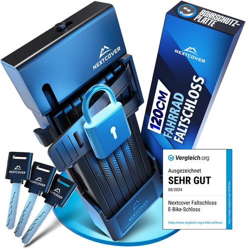 NEXTCOVER FoldOne Fahrrad Sicherheits-Faltschloss SteelSecure – 120cm. Kompaktes, dunkles Faltschloss aus gehärtetem Stahl. Sichert Fahrräder zuverlässig an festen Objekten.