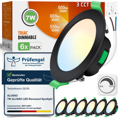 ALUSSO LED Einbaustrahler 230V dimmbar schwarz 68mm 7W IP44, 6er Set mit flacher runder Bauform