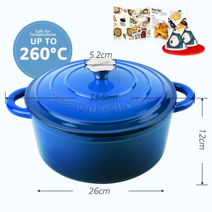 Overmont Schmortopf Gusseisen 26 cm Emaille Bräter mit Deckel Blau