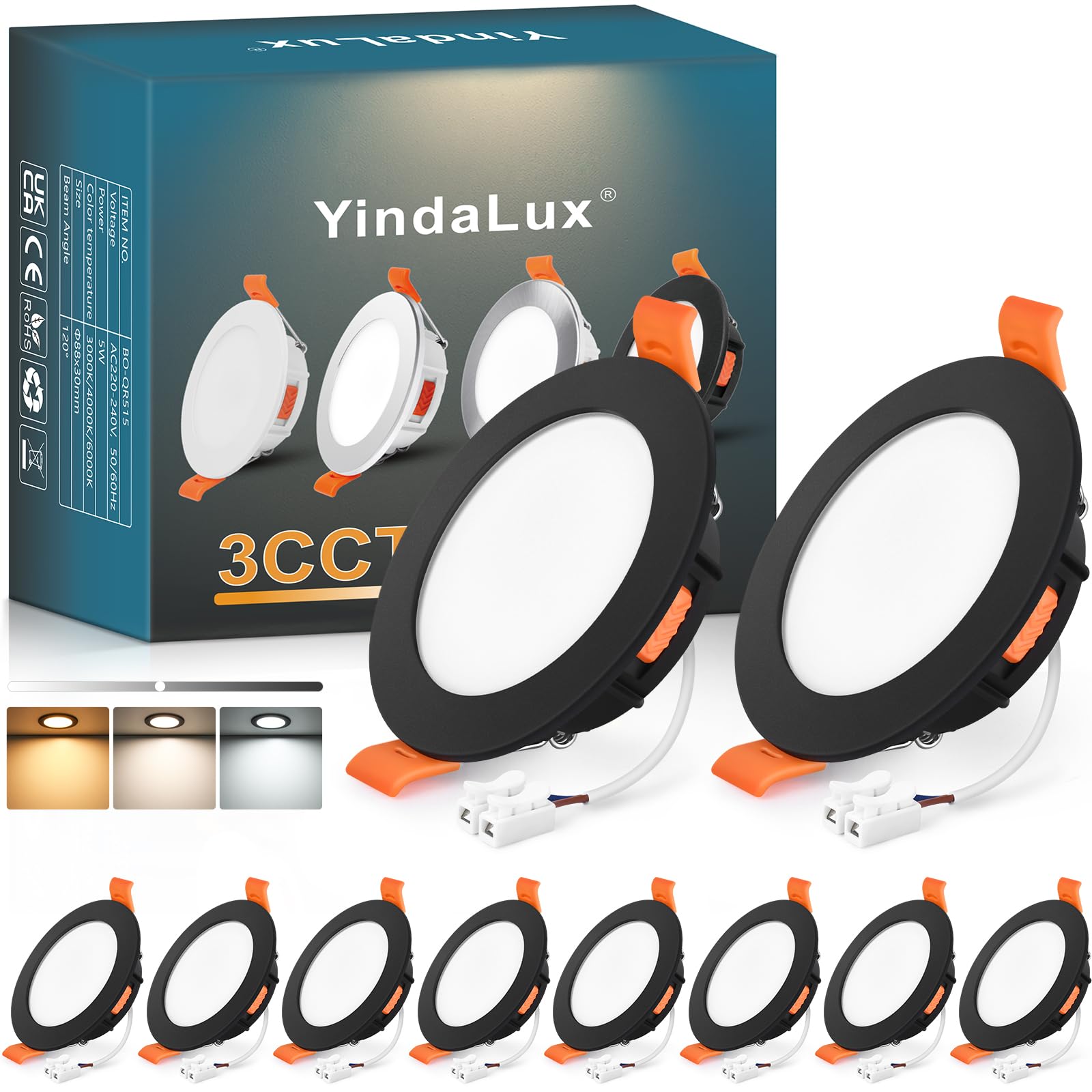 YindaLux LED Einbaustrahler 230V dimmbar 5W IP44 schwarz 10er Set, flach und rund, für den Deckeneinbau