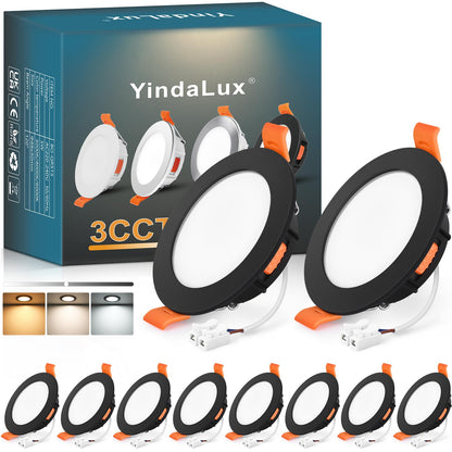 YindaLux LED Einbaustrahler 230V dimmbar 5W IP44 schwarz 10er Set, flach und rund, für den Deckeneinbau