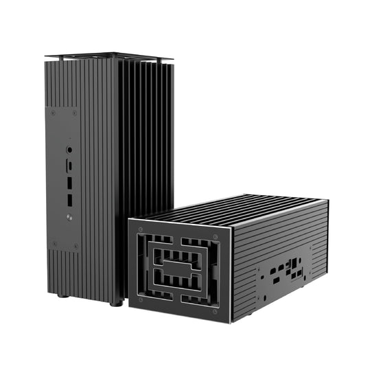 Akasa Turing Duo Pro Lüfterloses NUC Gehäuse für PN53/PN64. Schwarzes Passivgehäuse mit Kühlrippen zur lautlosen NUC-Kühlung.