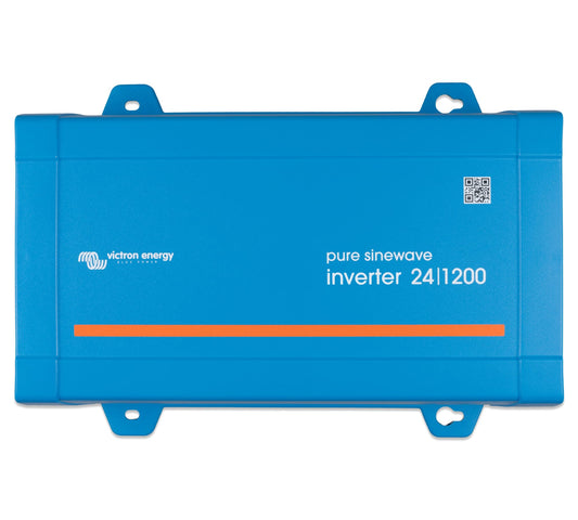 Victron Energy 800VA 24V Reiner Sinus Wechselrichter - 230V AC Schuko. Blaues Rechteckgehäuse wandelt 24V DC in 230V für Netzbetrieb.