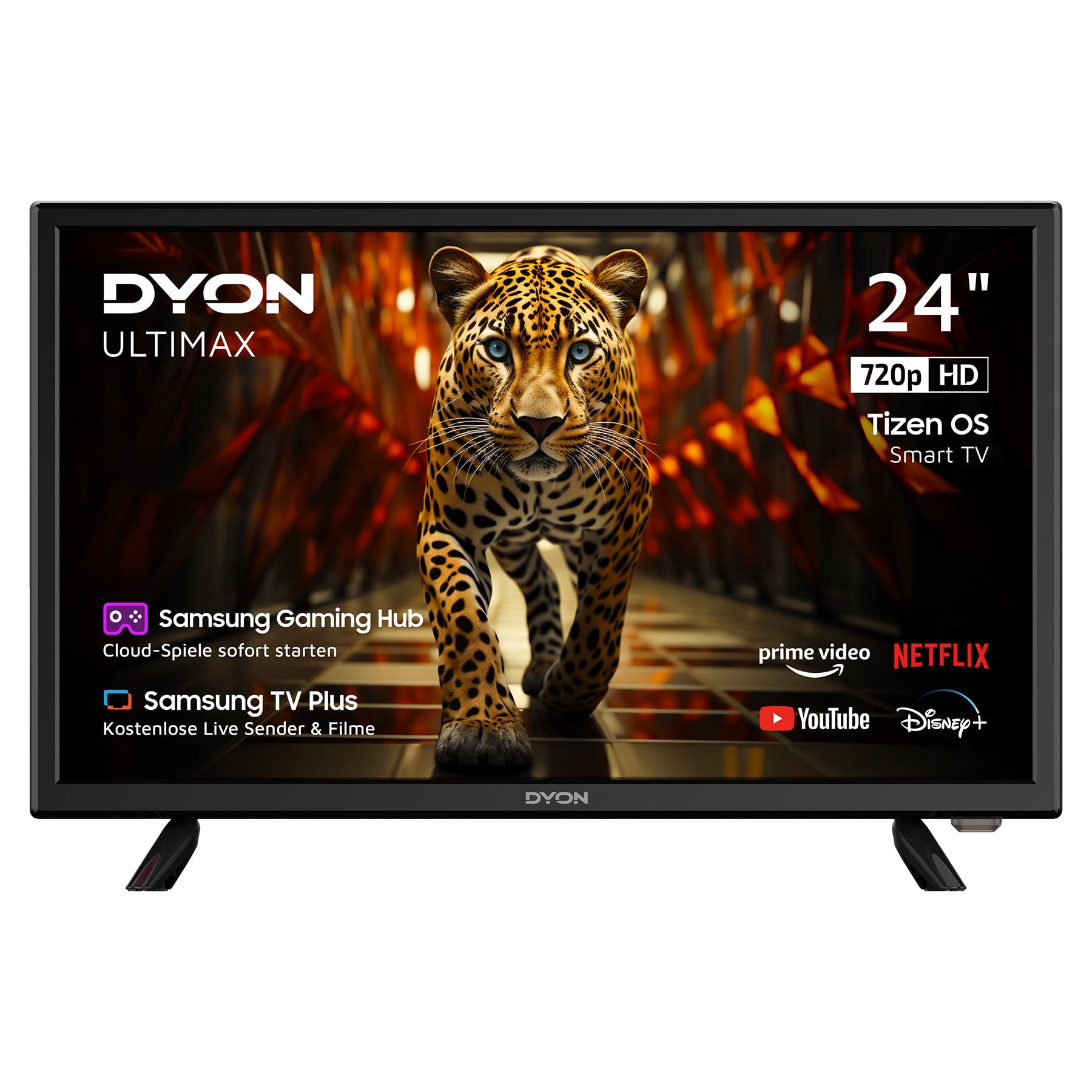 DYON ULTIMAX 24H-TI-W HD Smart TV 24 Zoll (60 cm) Tizen OS. Schwarzer Bildschirm zeigt HD-Inhalte, streamt.