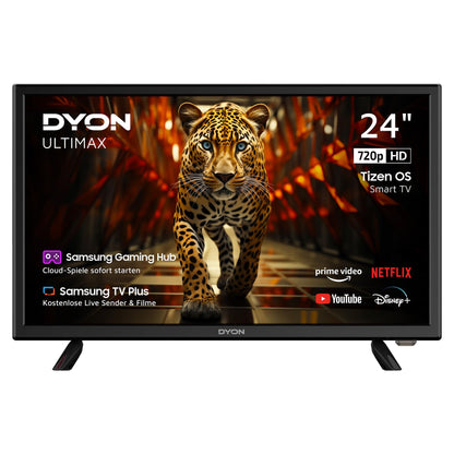 DYON ULTIMAX 24H-TI-W HD Smart TV 24 Zoll (60 cm) Tizen OS. Schwarzer Bildschirm zeigt HD-Inhalte, streamt.