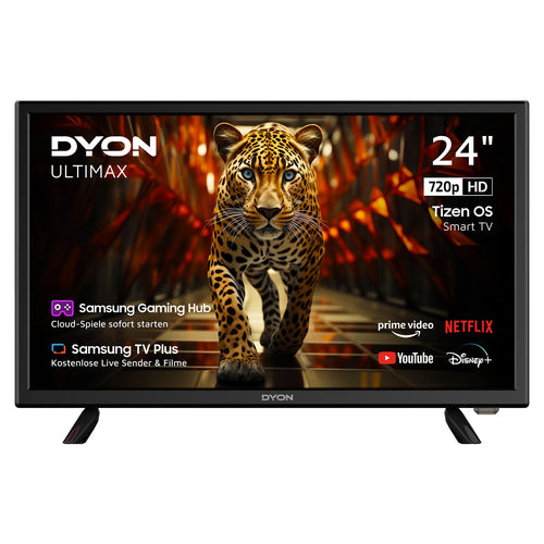 DYON ULTIMAX 24H-TI-W HD Smart TV 24 Zoll (60 cm) Tizen OS. Schwarzer Bildschirm zeigt HD-Inhalte, streamt.