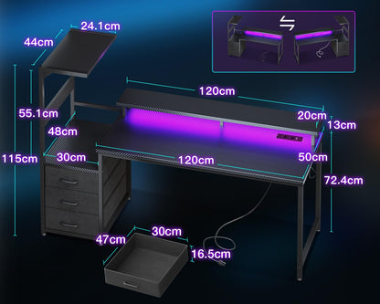 Coleshome Gaming Tisch 151x50cm LED Schubladen Carbon Schwarz