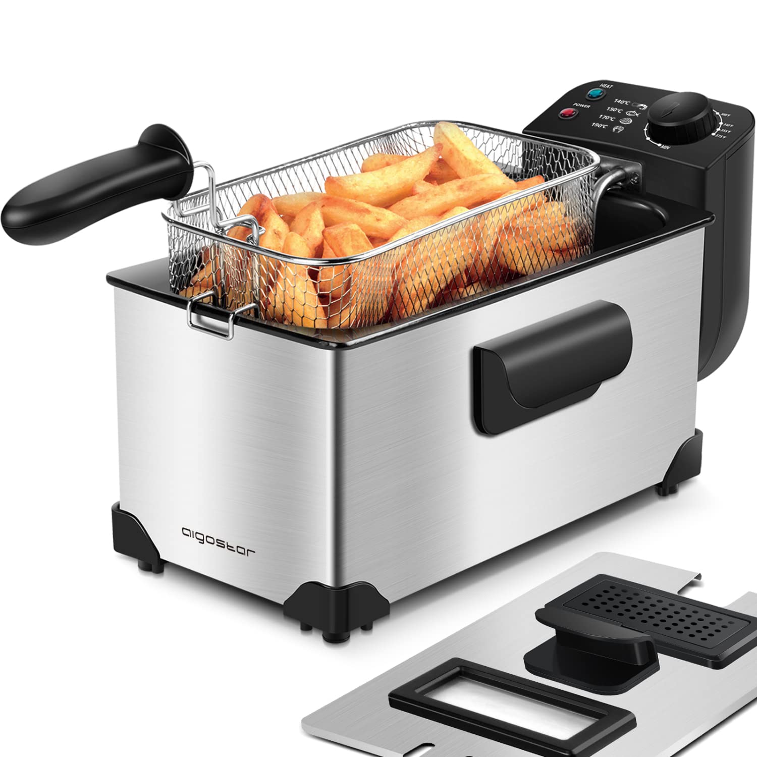 Aigostar Ushas Fritteuse 3 L, 2200 W, Edelstahl, BPA-frei, mit Sichtfenster im Deckel und herausnehmbarem Frittierkorb