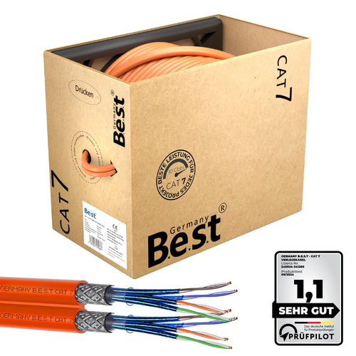 Germany Best CAT 7 Duplex Verlegekabel S/FTP LAN Kabel 100m, graue Kabelrolle. Für feste Installationen in Datennetzwerken.