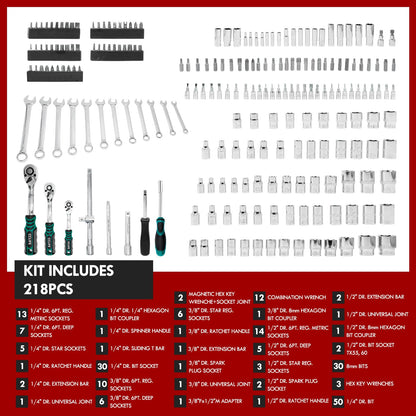 CCLIFE Steckschlüsselsatz 218-teilig Cr-V - 1/2" 1/4" 3/8" Ratschenkoffer
