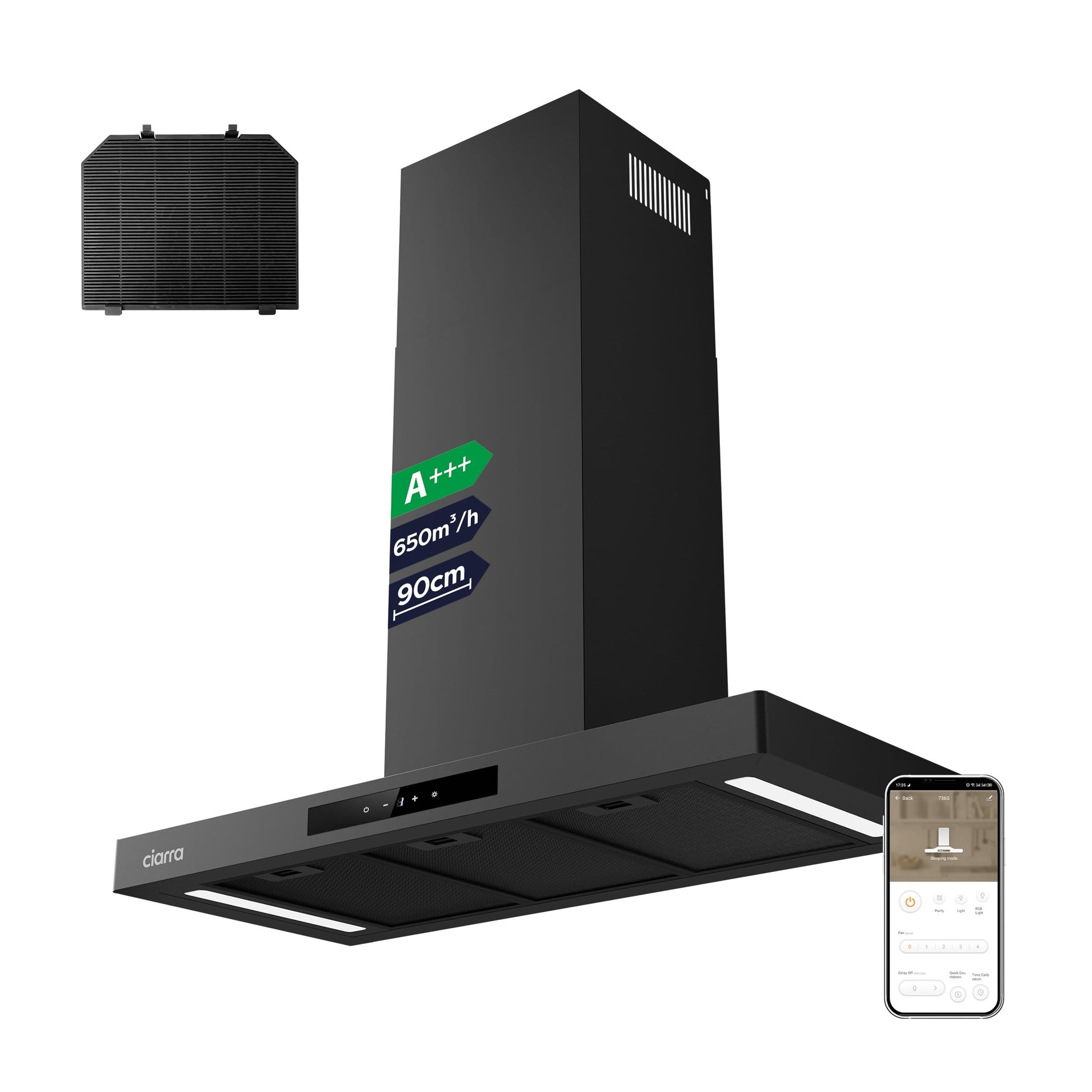 CIARRA CBCB9102-P Dunstabzugshaube 90cm Schwarz Umluft/Abluft. Schwarze, 90cm breite Haube für Kochdunstabsaugung.