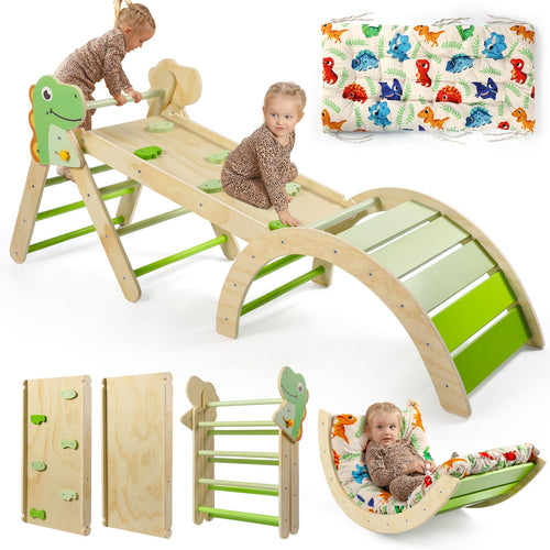khlerox Kletterdreieck Set 7-in-1 aus Holz, faltbar, Dinosaur – Holz-Klettergerüst mit Rutsche und Kletterbogen