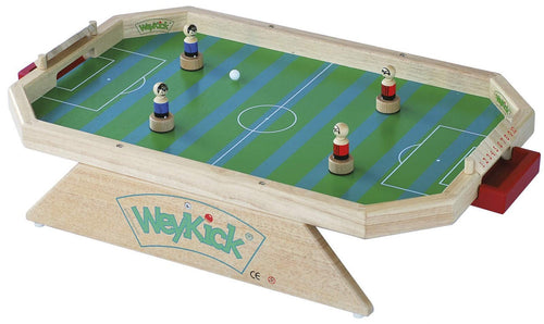 WeyKick Stadion: Magnetisches Fussballspiel für 4 Spieler. Rechteckiges Holzbrett, grün. Magnetische Figurensteuerung von unten.