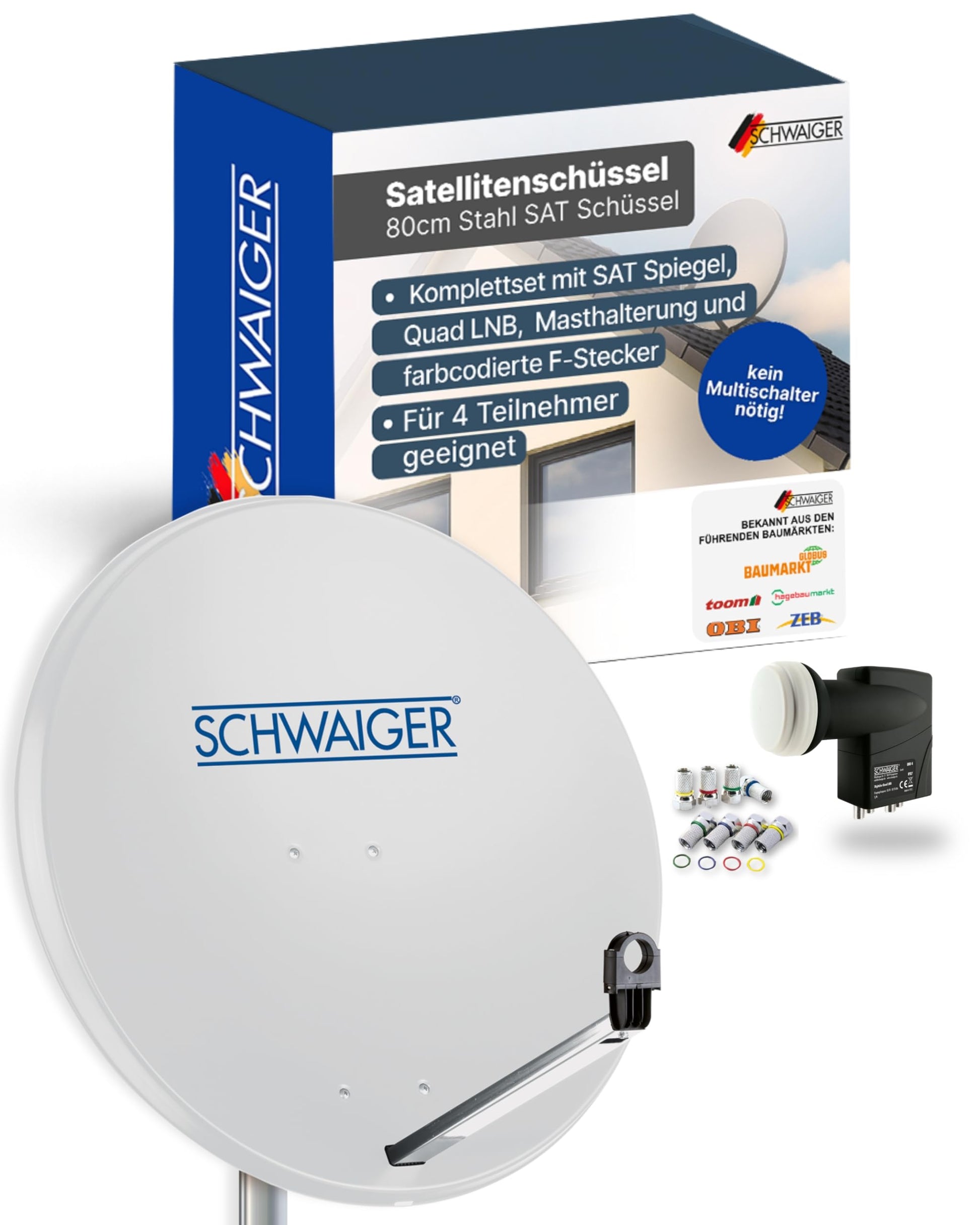 SCHWAIGER Satellitenschüssel Komplettset 80 cm mit Quad LNB, hellgraue Stahl-Offset-Antenne mit LNB-Tragarm