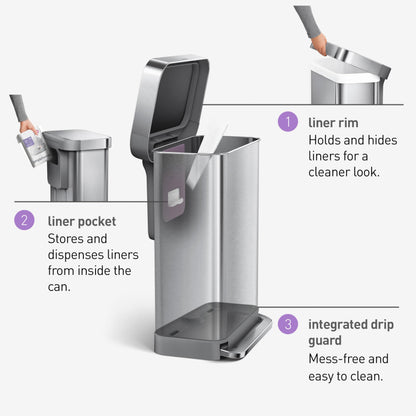 simplehuman CW2024 Rechteck Treteimer 45L gebürsteter Stahl