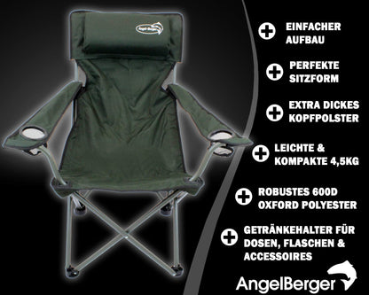 Angel-Berger Luxus Faltstuhl mit Getränkehaltern und Armlehnen, Grün