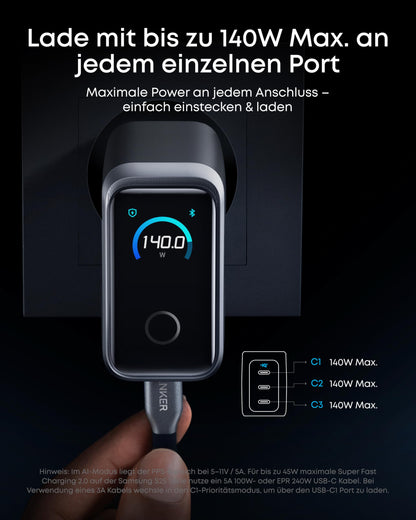 Anker Prime 160W USB-C Ladegerät, GaN, 3 Ports, Smart Display, A2687