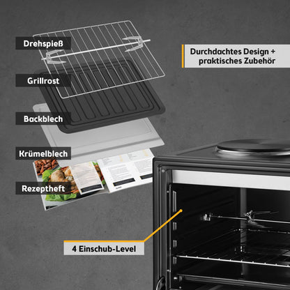 TZS First Austria Minibackofen mit Kochplatten 45L 3200W