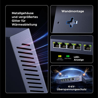 UGREEN 2.5G LAN Switch 5-Port mit 10G SFP+, Unmanaged, Metallgehäuse