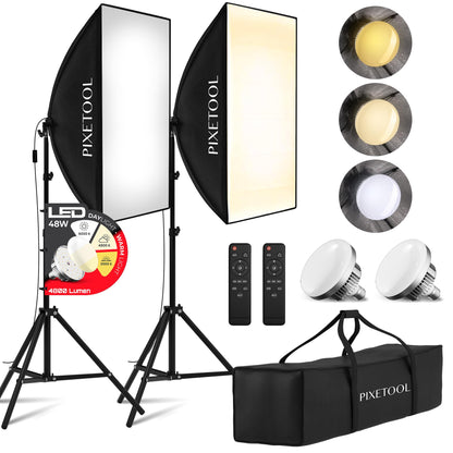 Pixetool Fotostudio Set – 2 Softboxen 50x70 cm mit LED-Lampen und Stativen