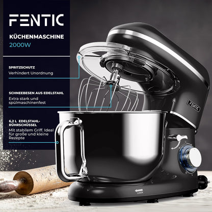 Fentic Küchenmaschine 2000W Edelstahl 6.2L Knetmaschine – Schwarz