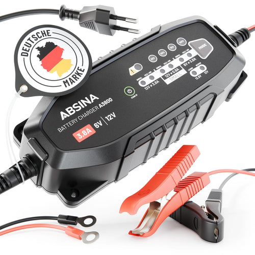 ABSINA Batterieladegerät 3,8 A für 6V/12V Blei- & 12,8V Lithium-Akkus mit LED-Display und Polklemmen