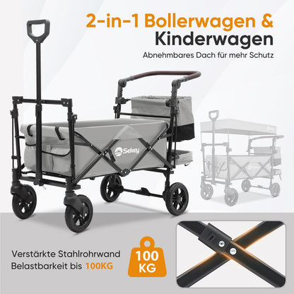 Sekey Bollerwagen Faltbar SS5050 für 2 Kinder - Grau mit Dach