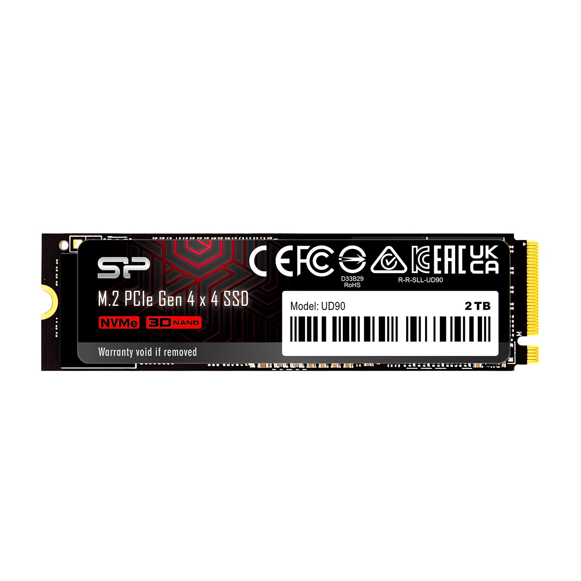 Silicon Power UD90 NVMe 4.0 PCIe Gen4 M.2 SSD - 2TB. Rechteckige, schwarze M.2-SSD für ultraschnellen Datenspeicher in PCs/Laptops.