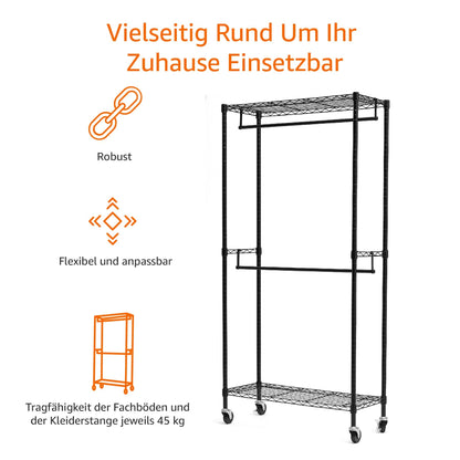 Amazon Basics Doppel-Kleiderständer mit Rollen, 181 kg, schwarz