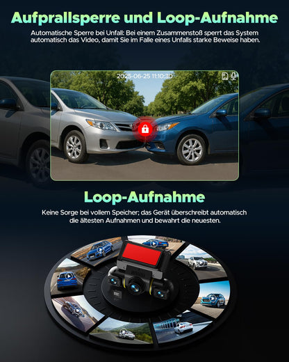 LAMTTO Dashcam 4-Kanal Auto Kamera Vorne Hinten Innen WiFi