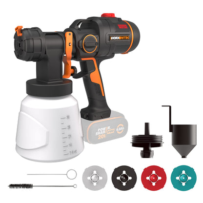 WORX WX020.9 Nitro Akku-Farbsprühsystem 20V - Ohne Akku. Orange-schwarzes Farbsprühgerät zur feinen Zerstäubung von Farbe auf Oberflächen.
