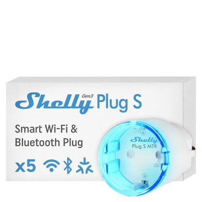 Shelly Plug S Gen3 Smart WLAN-Steckdose mit Leistungsmessung, 5er-Set, kompakte Bauform in Weiss mit LED-Anzeige