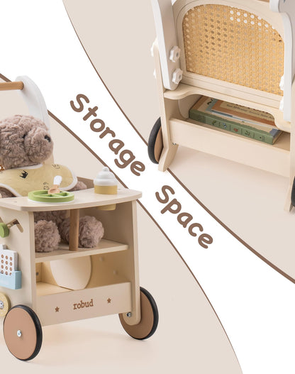 ROBUD Holz Lauflernwagen 2-in-1 - Puppenwagen Montessori Board