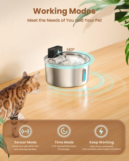 PawPoll Katzenbrunnen kabellos PW-D03, Edelstahl Trinkbrunnen 3,2 L