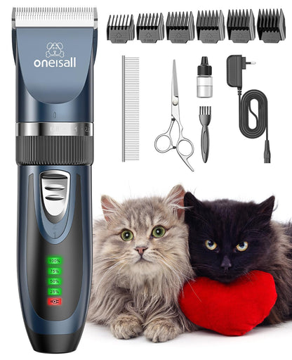 oneisall X2 Haarschneidemaschine für Katzen & Hunde, leise, blau – Tierhaarschneider mit sechs Kammaufsätzen