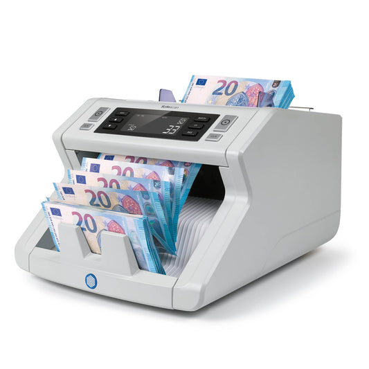 Safescan 2250 Banknotenzähler – Sortiert & Echtheitsprüfung. Kompaktes, graues Gerät zum Zählen, Prüfen und Sortieren von Banknoten.