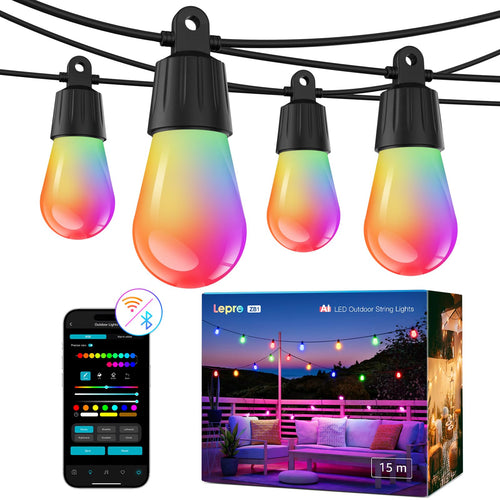 Lepro ZB1 AI LED Lichterkette aussen 15 m, RGB + Warmweiss, WLAN, IP65 mit 15 S14-Glühbirnen