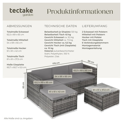 tectake Polyrattan Lounge Set, Sitzgruppe für 3-4 Personen, grau