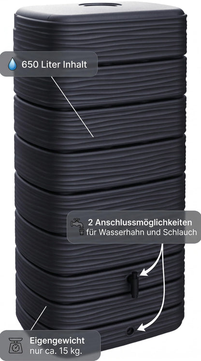 Ondis24 Regenwasser-Wandtank Eco 650 Liter Graphit mit Wasserhahn