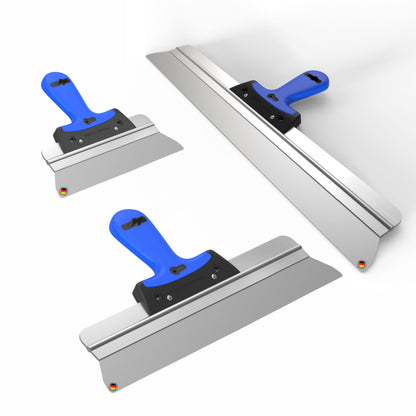 BACHSAM® Flächenspachtel Set – 25, 40, 60cm Trockenbau Werkzeug. Breite Edelstahl-Spachtel zum Glätten von Spachtelmasse im Trockenbau.