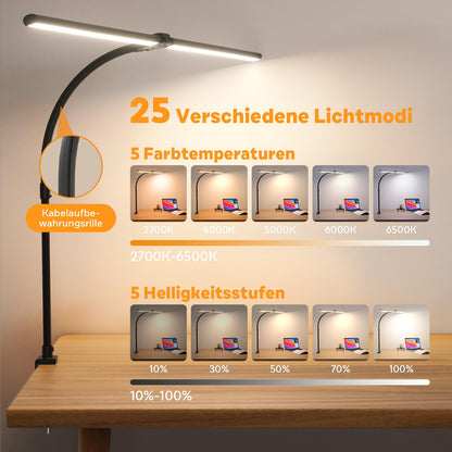 APMIEK LED Schreibtischlampe Doppelkopf dimmbar klemmbar, schwarz