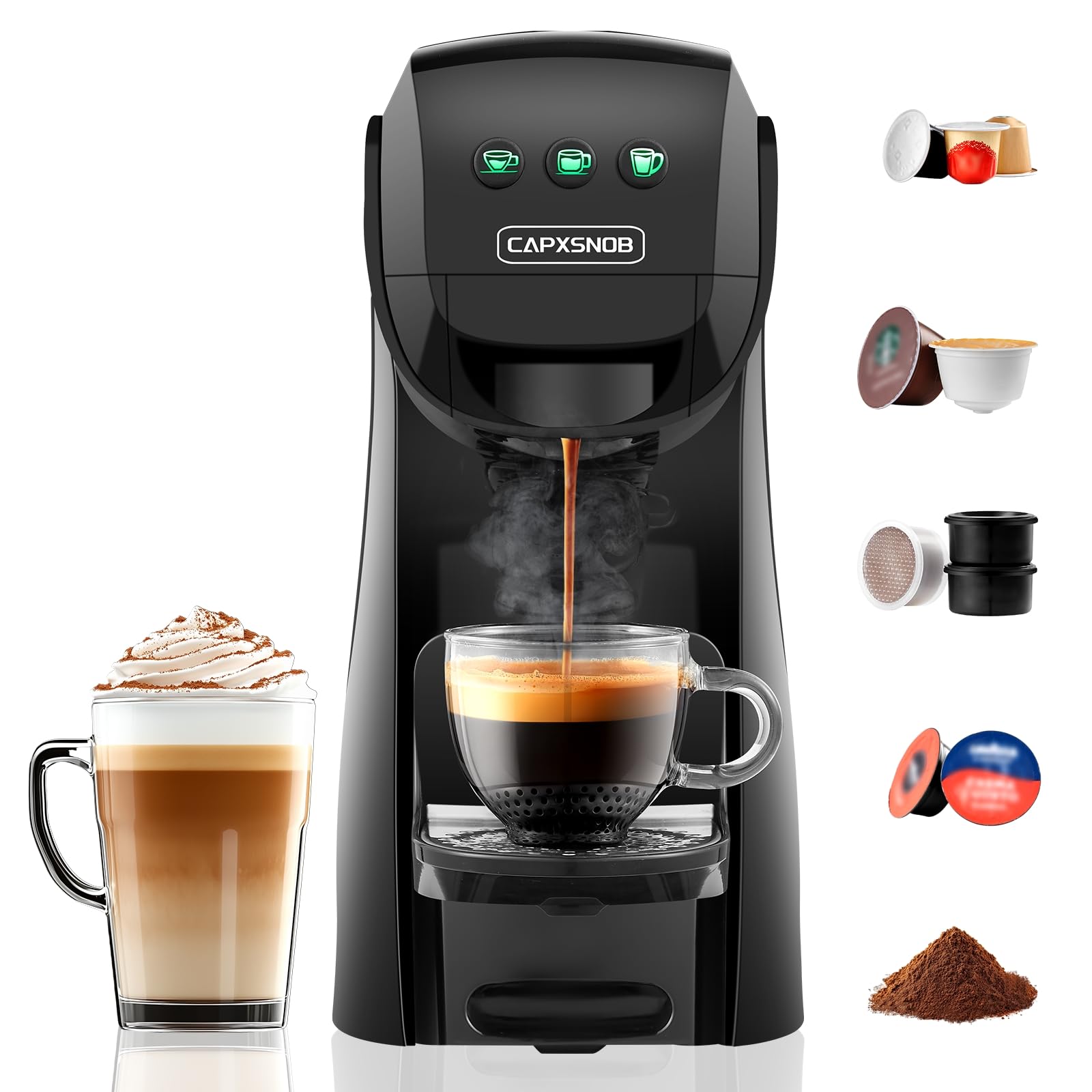 Warriors1 5in1 Multi Kapselmaschine - Gemahlen Kaffee. Kompakte, schwarze Kapselmaschine, brüht Kaffee aus Kapseln und gemahlenem Kaffee.