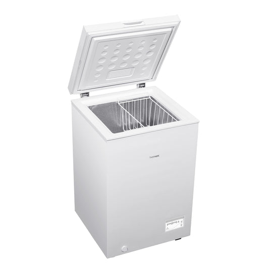 homeX FT1020-W Gefriertruhe 98L Nutzinhalt 4**** – Weiss. Weiße, rechteckige Form. Zum Tiefkühlen und Lagern von Lebensmitteln.