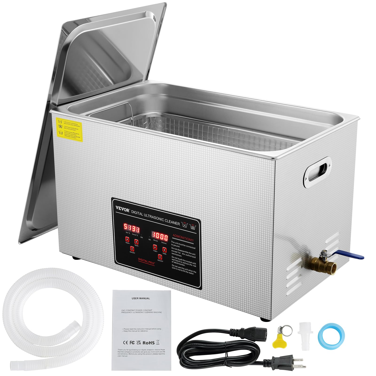 VEVOR Ultraschallreiniger 30 L Edelstahl 600 W mit Digitalanzeige, inklusive Reinigungskorb