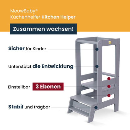 Meowbaby Lernturm höhenverstellbar – Montessori Holz, Schwarz-Natur