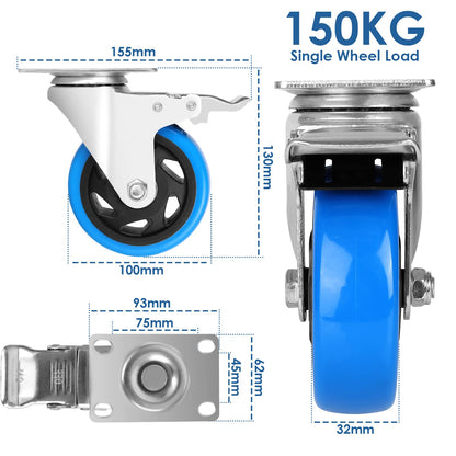 LIFERUN Schwerlast-Lenkrollen 100 mm, 4er Set mit Bremse, 600 kg