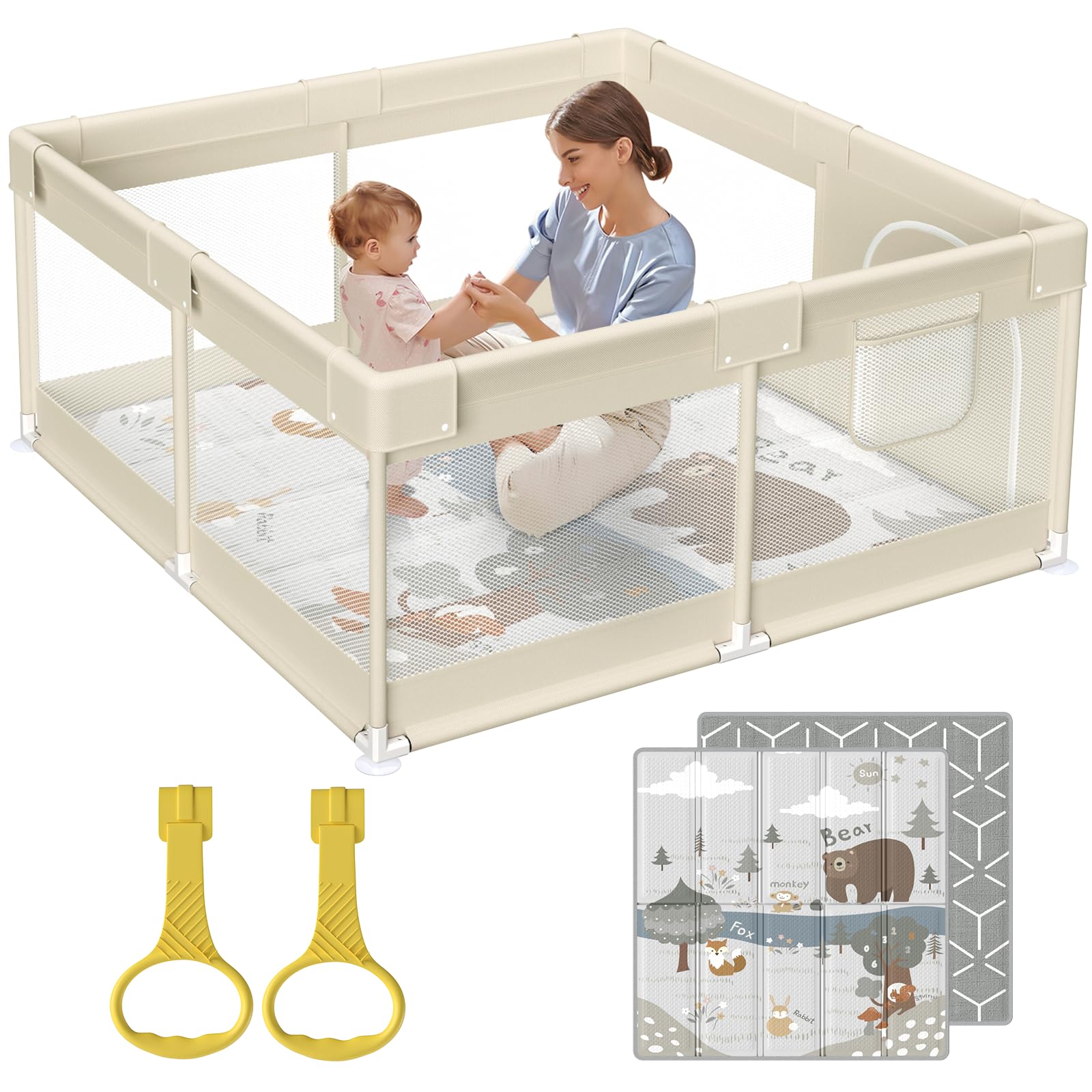 Fodoss Baby Laufgitter 120x120cm mit Matratze – Beige. Quadratisches, beiges Laufgitter mit Netzseiten und Matratze für sicheren Spielbereich.