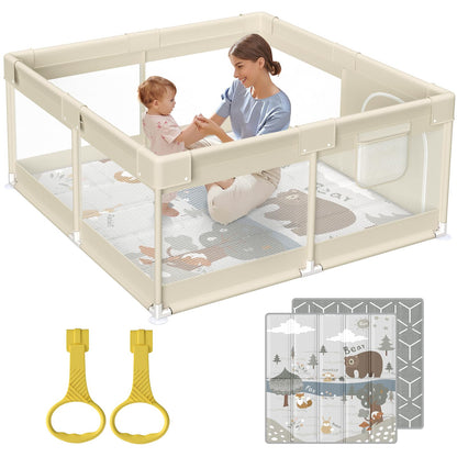 Fodoss Baby Laufgitter 120x120cm mit Matratze – Beige. Quadratisches, beiges Laufgitter mit Netzseiten und Matratze für sicheren Spielbereich.