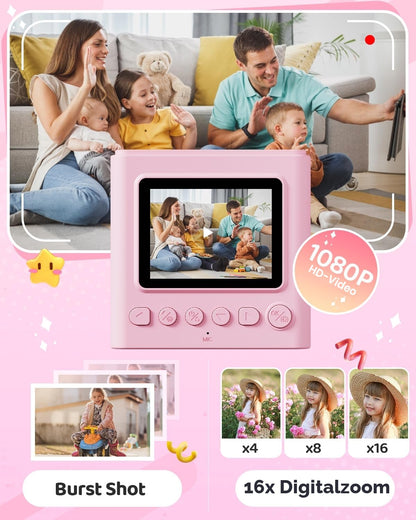 TIATUA Kinderkamera Sofortbildkamera X2 mit 32 GB Karte, rosa